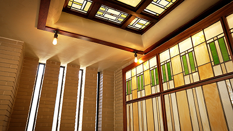 Interior Frank Lloyd Wright designed home with stained glass windows.