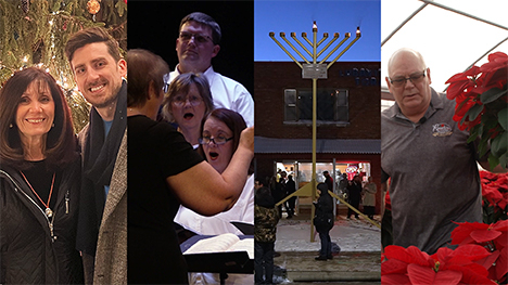 Members of the El Khatib family, singers at the Corning Opera House, a giant menorah, and Steve Ritter holds a poinsettia plant in his greenhouse.