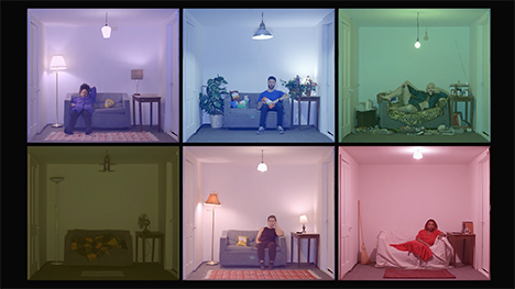 Six differently tinted squares ... each showing a similar single room with various furniture arrangements and people in each.
