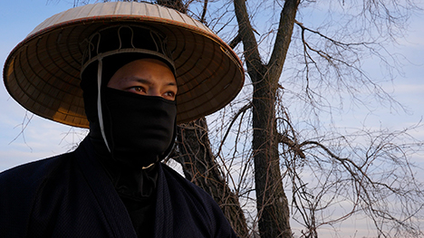 A masked, Samurai character stands in front of a tree looking off into the distance.