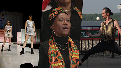Models in a fashion show, a church choir member singing, and a juggler. 