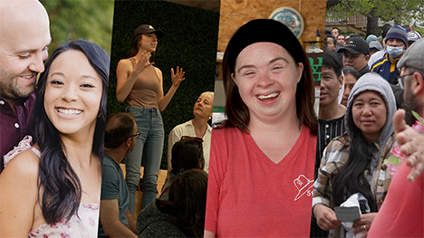 Jeffrey and Jasmine Newland, a woman speaking to a small group, Marissa Schletzbaum, and Des Moines refugee support.