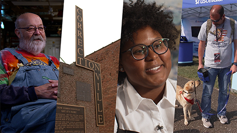 Byron Stuart, Correctionville sign, Dasia Taylor, and a service dog with veteran.