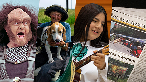 a trekfest klingon, woman and dog at Irvine Prairie, a mariachi band performer and a copy of Black Iowa News