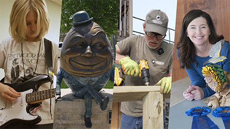 A girl playing electric guitar, a Humpty Dumpty statue, volunteer Herb Hazewinkel Jr., and Wood artist Jennifer Felton
