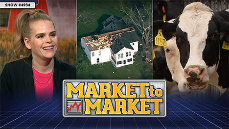 Kristi Van Ahn-Kjeseth, a storm damaged house, and a cow behind the Market to Market logo.