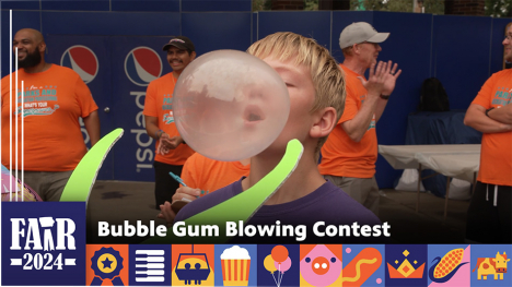 Bubble Gum Blowing Contest - a kid blowing a bubble while the width of the bubble is being measured.