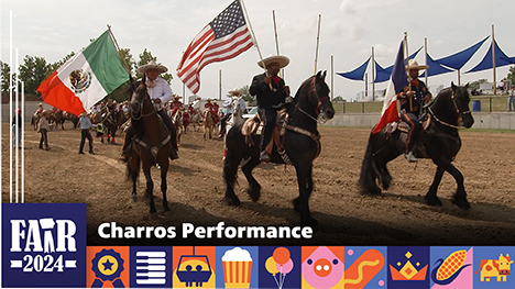 Charros Performance - Three horsemen ride in, each carrying a flag - the Mexican flag, the USA flag, and the Iowa flag.