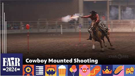 Cowboy Mounted Shooting - A mounted cowboy shoots at a red balloon while galloping on his horse.