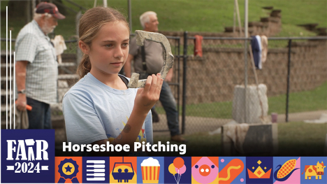 Horseshoe pitching on Pioneer Hill - girl getting ready to pitch her horseshoe