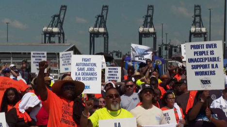 Dock workers picketing in front of cranes