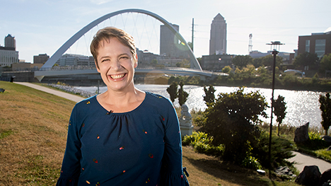 Host, Charity Nebbe along the Des Moines River in Downtown Des Moines, Iowa.