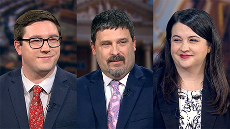 Iowa political journalists Stephen Gruber-Miller, Erin Murphy and Brianne Pfannenstiel.