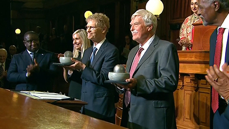 2024 World Food Prize Laureates Dr. Cary Fowler of the U.S. and Dr. Geoffrey Hawtin OBE of the U.K. and Canada receive the World Food Prize.