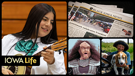 Iowa Life logo, a Trekfest Klingon, woman and dog at Irvine Prairie, a mariachi band performer and a copy of Black Iowa News