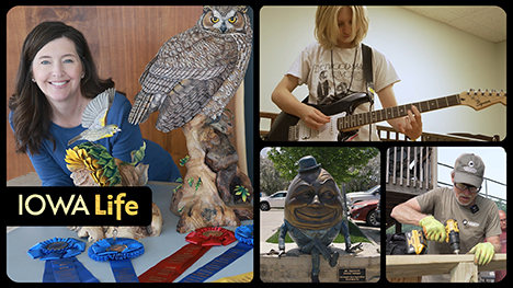Iowa Life logo, a girl playing electric guitar, a Humpty Dumpty statue, volunteer Herb Hazewinkel Jr., and Wood artist Jennifer Felton