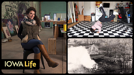 Iowa Life logo, a breakdancer ... artist, Gabriella Torres ... and, the scene of the Follinglo farm house plane crash.