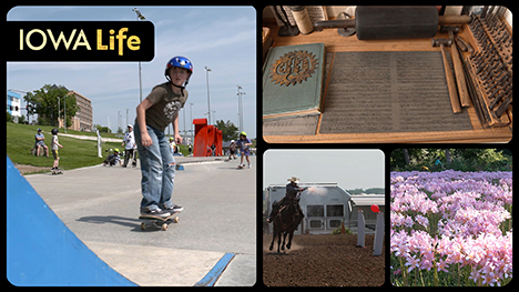 Iowa Life logo, a boy skateboards with others at the skatepark, classic publishing tools, a cowboy mounted shooter shoots a balloon and a field of pink flowers.