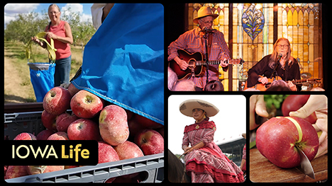 Iowa Life logo, apples, a man and woman play guitar, and a woman atop a horse.