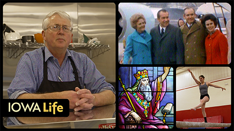 Iowa Life logo, Tom Mulholland, President Nixon (with First Lady, Iowa Governor, and Iowa's First Lady), a stained glass church window and a gymnast.