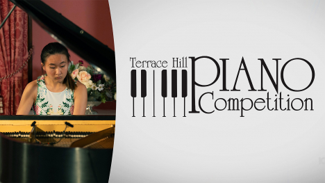 A girl plays the piano. The Terrace Hill Piano Competition logo.
