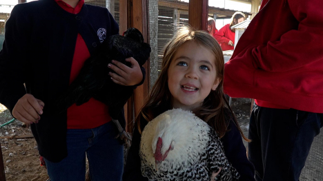 A student holds a chicken at The Academy at the Farm near Dade City, Florida