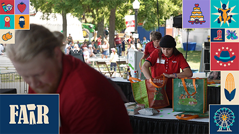 Grocery baggers from across Iowa compete onstage with various grocery items.
