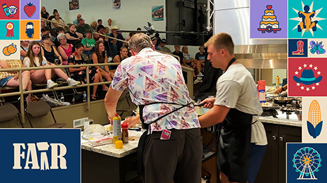 Two men compete in a kitchen before a live audience during the Iowa State Fair's Chopped Contest.