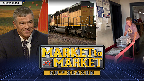 Market to Market - August 1, 2025 | Matt Bennett, and train engine and a woman pushing a cart of newspapers.