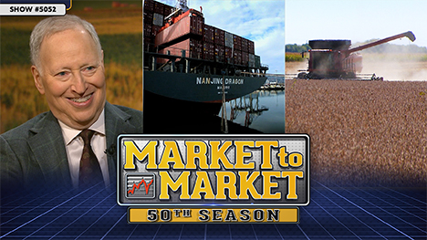 Market to Market - August 15, 2025 | Mark Gold, a shipping container vessel and a combine in a field.