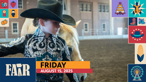 Fair 2025: Friday Highlights Show - image of kid in a cowboy hat standing next to a horse.