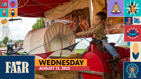 Fair 2025: Wednesday Highlights Show - kid sitting on a barrel horse pretending to lasso a toy bull.