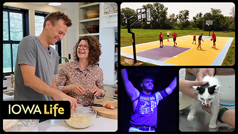 Iowa Life logo, Kaleb Wyse in a kitchen, an outside Laker basketball court, a pro wrestler with his arms up and a kitten on an exam table.