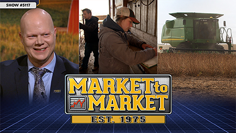 Market to Market - December 12, 2025 | Ted Seifried, two members of the Boyer family and a combine in a field during harvest.