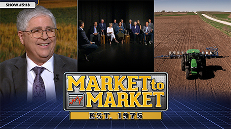 Market to Market - December 19, 2025 | Arlan Suderman, a group of market analysts onstage with host Paul Yeager, and green tractor out in the field.
