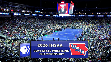 2026 IHSAA Boys State Wrestling Championships graphic overlayed on a shot of the Casey's Center arena crowd and wrestling mats.