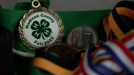 A gold rimmed medal with a green ribbon reads "Madison County Fair 2022" with a green four-leaf clover with the letter H inside each clover.