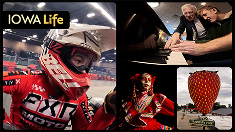 A racer in helmet going around an inside track, a younger piano player with an older player standing over him, a traditional folklórico dancer, and a large strawberry above a Strawberry Point city sign.