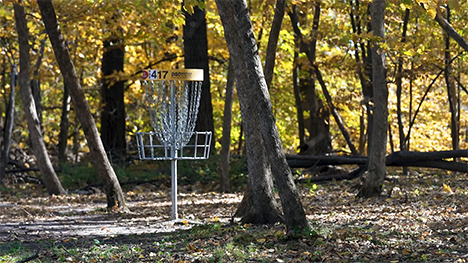 A frisbee golf basket sits in amongst the trees at Ambrose A. Call State Park