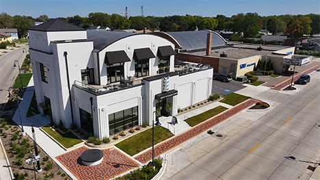 An aerial view of the Surf Ballroom Music Experience Center and Surf Ballroom.