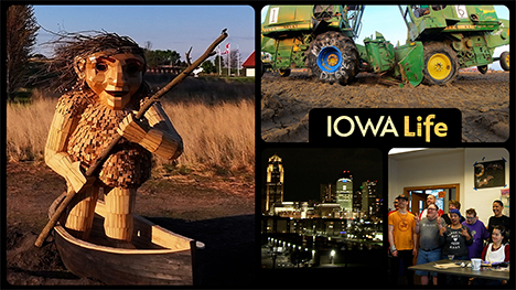 A giant wooden trol in a boat, the Iowa Life logo over a photo of combine demolition derby, a nighttime shot of the Des Moines skyline and a group of people posing for a photo.