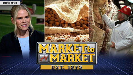 Market to Market - May 8, 2026| Kristi Van Ahn - Kjeseth, hazelnuts in a burlap bag and meat inspection at a meat packing plant by a man in a lab coat and red hard hat.