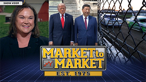 Market to Market - May 15, 2026 | Naomi Blohm, Trump and Xi and racecars on a dirt track behind a fence.
