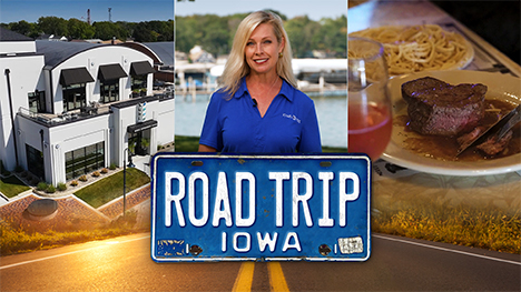 The Surf Ballroom Music Experience Center, Brooke Kohlsdorf (host), and steak and pasta dinner and Road Trip Iowa logo above a sunlit two lane highway.