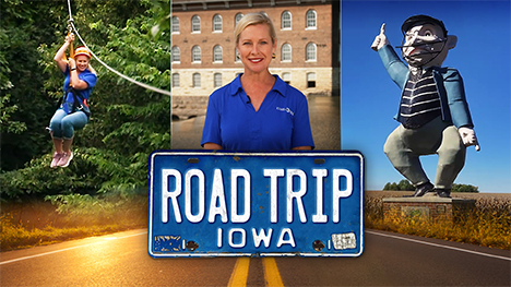 Brooke Kohlsdorf ziplining, Brooke Kohlsdorf standing in front of a building, a tall statue and roadside attraction of a guy and Road Trip Iowa logo above a sunlit two lane highway.