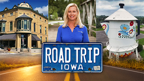 The Corning Opera House, Brooke Kohlsdorf (host) standing on a bridge, a giant tea pot and the Road Trip Iowa logo above a sunlit two lane highway.