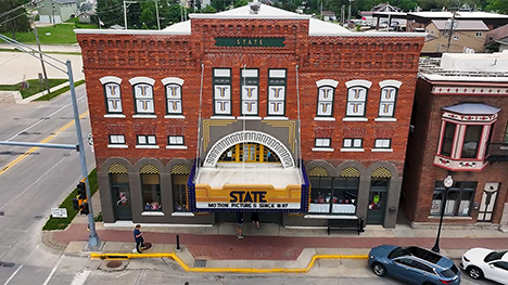An aerial view of the State Theatre in Washington, Iowa.