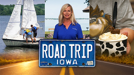 Two men board a small docked sailboat on a lake. Host, Brooke Kohlsdorf. A cow patterned cup of ice cream. And, Road Trip Iowa logo above a sunlit two lane highway.