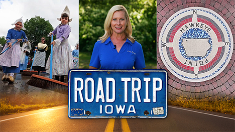 Dutch girls in wooden shoes use brooms to clean the street, Brooke Kohlsdorf and a top down look at a mosaic and brick work at Hawkeye Point, plus the Road Trip Iowa logo above a sunlit two lane highway.