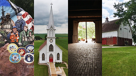 Four featured attractions at Hausbarn Heritage Park, including a military themed painted rock, a small white church with a tall steeple, the hausbarn, and a farmstead/barn.